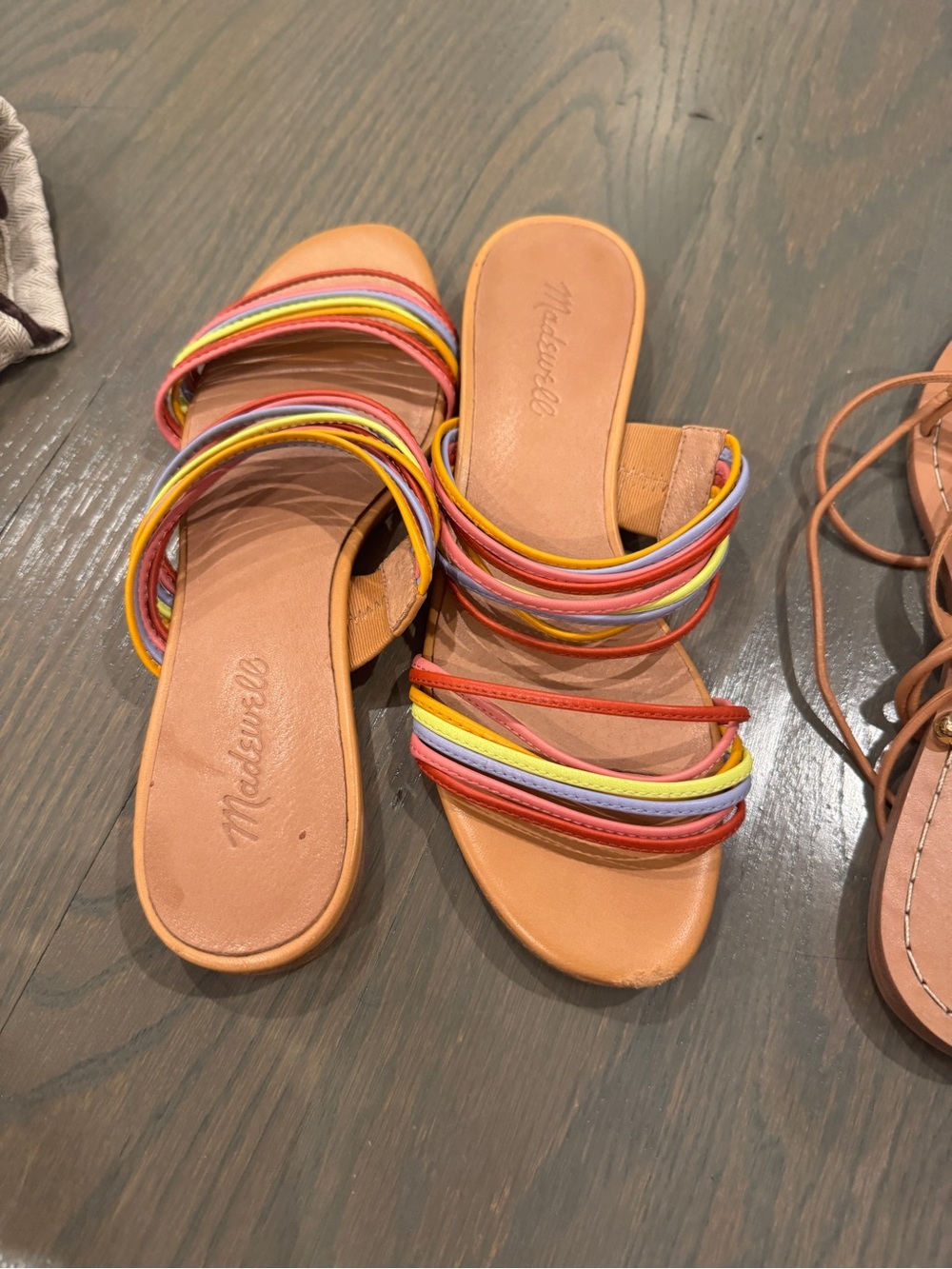 Madewell Tan Slide Sandals with Rainbow Straps